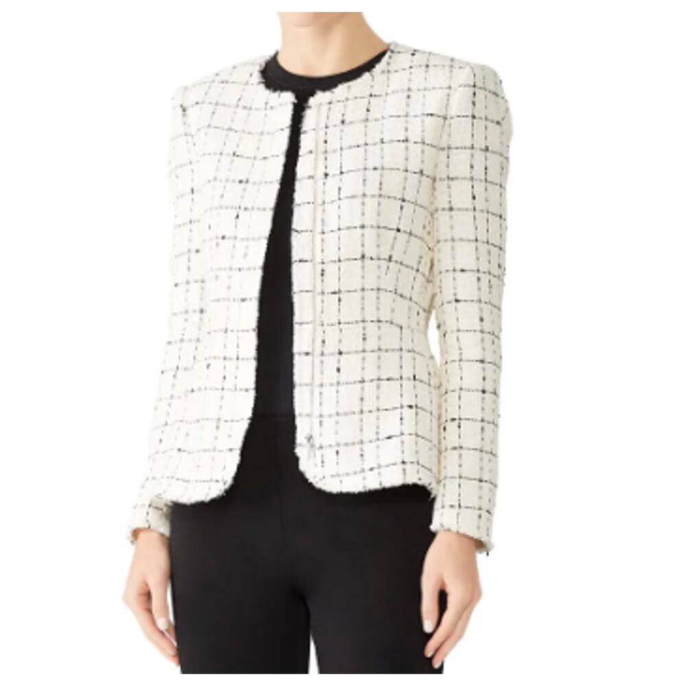 Rebecca Taylor Cream Black Plaid Tweed Zip Blazer (6)